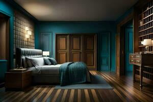 a bedroom with blue walls and wood floors. AI-Generated photo