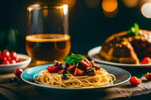 spaghetti with tomato and basil on a plate with a glass of beer. AI-Generated photo