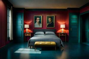 a bedroom with red walls and blue trim. AI-Generated photo