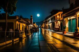 a street at night with a full moon. AI-Generated photo