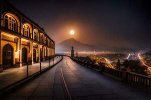 el Luna es brillante brillantemente terminado un ciudad a noche. generado por ai foto