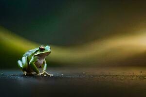 a frog sitting on the ground with a blurry background. AI-Generated photo