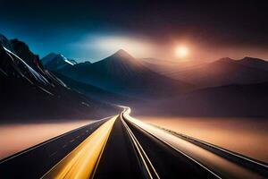 un largo exposición foto de un la carretera en el montañas. generado por ai