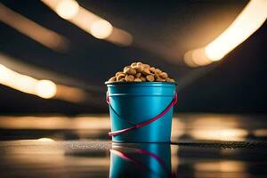 a blue bucket filled with peanuts on a table. AI-Generated photo