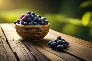 a bowl of grapes on a wooden table. AI-Generated photo