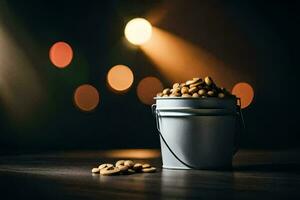 a bucket of peanuts on a table with lights in the background. AI-Generated photo