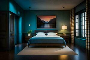 un dormitorio con azul paredes y un grande cuadro. generado por ai foto