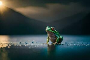 a frog sitting on the water at sunset. AI-Generated photo