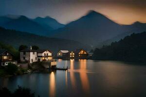 un lago y casas en el montañas a oscuridad. generado por ai foto