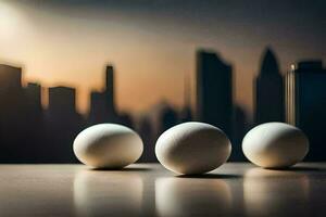 three eggs on a table in front of a cityscape. AI-Generated photo