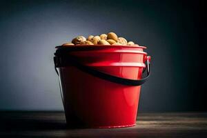 a red bucket filled with peanuts on a table. AI-Generated photo
