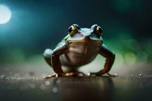 a frog is standing on the ground with a bright light behind it. AI-Generated photo