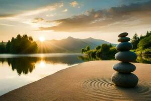 un apilar de piedras en el playa a puesta de sol. generado por ai foto