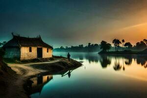 a small hut sits on the shore of a river at sunset. AI-Generated photo