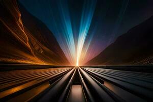 a long train track with light beams coming from the top. AI-Generated photo