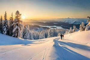 dos personas cruzar país esquiar en un Nevado Pendiente a puesta de sol. generado por ai foto