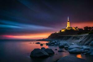 un torre en el costa a puesta de sol. generado por ai foto