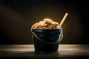 a bucket filled with cookies on a wooden table. AI-Generated photo