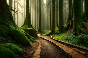 a path through a green forest with trees and moss. AI-Generated photo