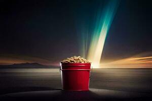 a bucket of popcorn on the beach with a bright light. AI-Generated photo