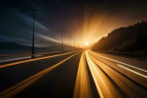 un largo exposición fotografía de un autopista a puesta de sol. generado por ai foto