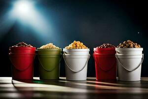 five buckets of nuts are lined up in front of a light. AI-Generated photo