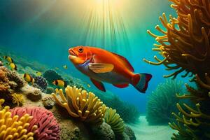 photo wallpaper fish, coral, the sun, the sea, the ocean, the sun, the. AI-Generated