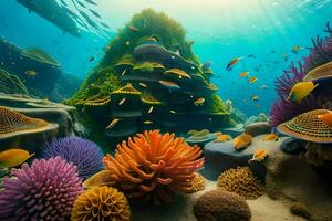 an underwater scene with colorful corals and fish. AI-Generated photo