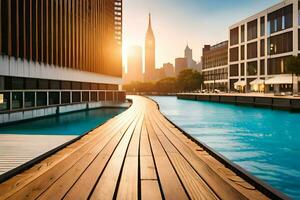a wooden walkway leads to a river in front of buildings. AI-Generated photo