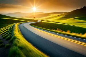 the sun rises over a winding road in the middle of a green field. AI-Generated photo