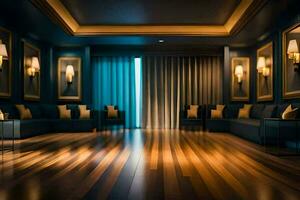 a room with blue walls and wooden floors. AI-Generated photo