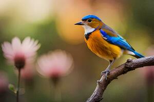 a colorful bird sits on a branch in front of pink flowers. AI-Generated photo