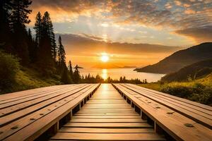 a wooden walkway leads to a lake and mountains at sunset. AI-Generated photo