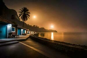 a beach at night with a house and palm trees. AI-Generated photo