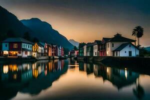 colorful houses are reflected in the water at sunset. AI-Generated photo