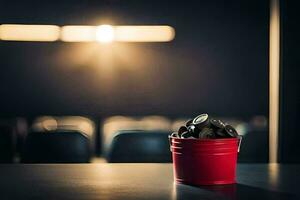 un rojo Cubeta con monedas sentado en un mesa. generado por ai foto