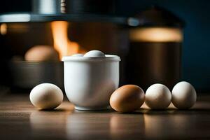 eggs on a table in front of a stove. AI-Generated photo