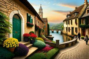 a painting of a street with flowers and a house. AI-Generated photo