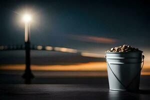 a bucket of peanuts on a table in front of a bridge. AI-Generated photo