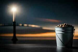 un Cubeta de miseria en un mesa en frente de un puente. generado por ai foto