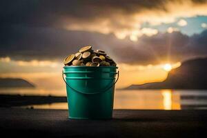 a bucket of coins sitting on the ground near the ocean. AI-Generated photo