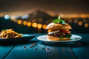 a hamburger and pasta on a table with a city view. AI-Generated photo
