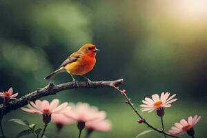 a bird is sitting on a branch with flowers. AI-Generated photo