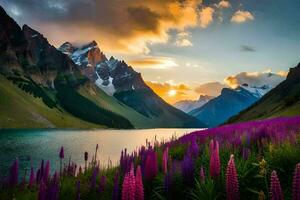 the sun sets over the mountains and purple flowers in front of a lake. AI-Generated photo