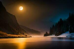 un lleno Luna brilla terminado un río en el montañas. generado por ai foto