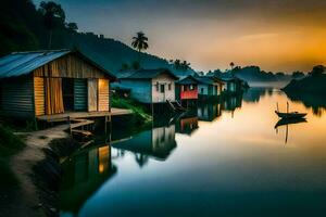 houses on the water at sunset. AI-Generated photo