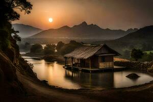 a small hut sits on the edge of a river. AI-Generated photo