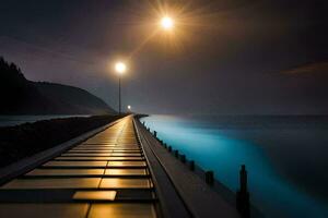 un largo muelle con un ligero brillante en eso a noche. generado por ai foto