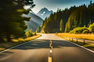 a road in the mountains with trees and mountains in the background. AI-Generated photo