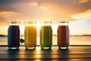 four glasses of juice on a table with the sun setting behind them. AI-Generated photo